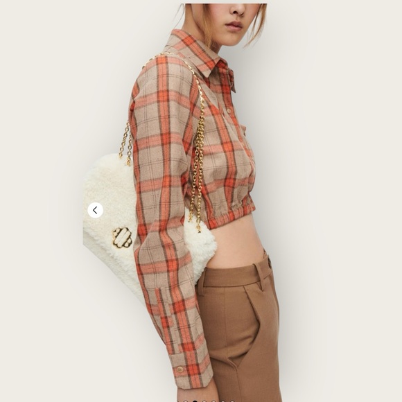 MAJE Cavellino Plaid Button-Up Crop Top - Orange and Brown Size 1 - Picture 3 of 10
